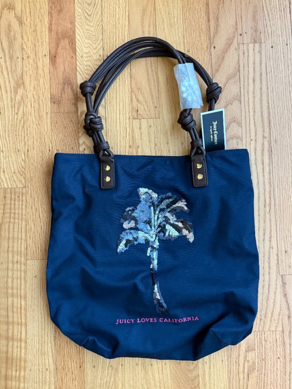 NWT Juicy Couture Sequin Palm Tree Tote Bag Navy Blue Canvas YHRU3464 Dust Bag